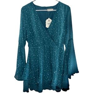 Altar’d State Londyn Stars Babydoll Romper Dress Long Sleeve Teal Size M NWT